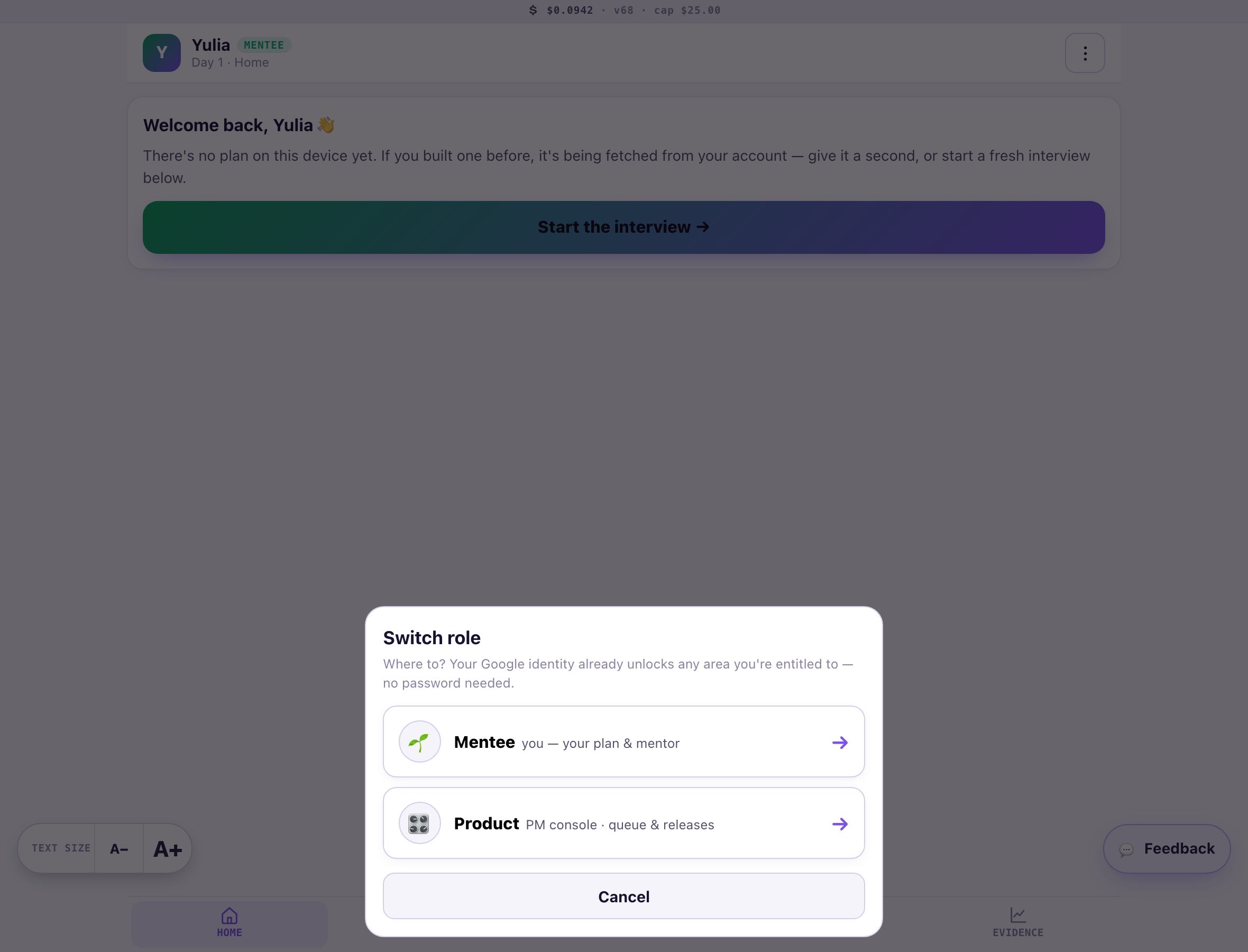 Switch role menu showing Mentee and Product