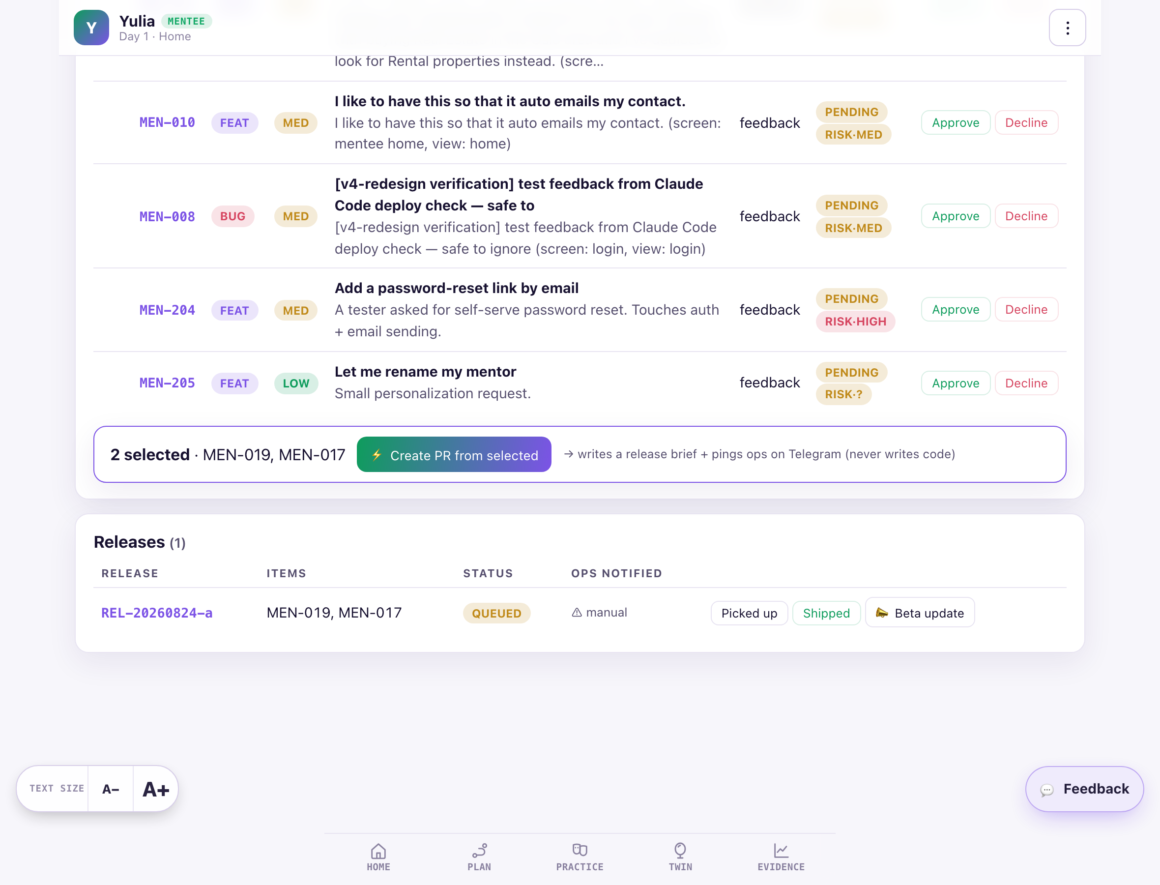 Releases list with the Beta update button